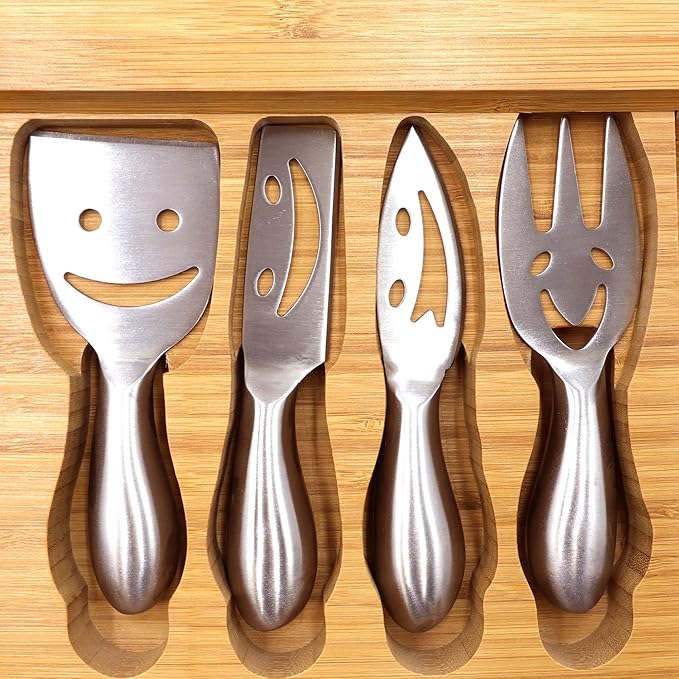 Sarolta Homewares Bamboo Cheese & Sushi Cutting Board and Platter with Brushed Stainless Steel Cutlery Set - Single Set