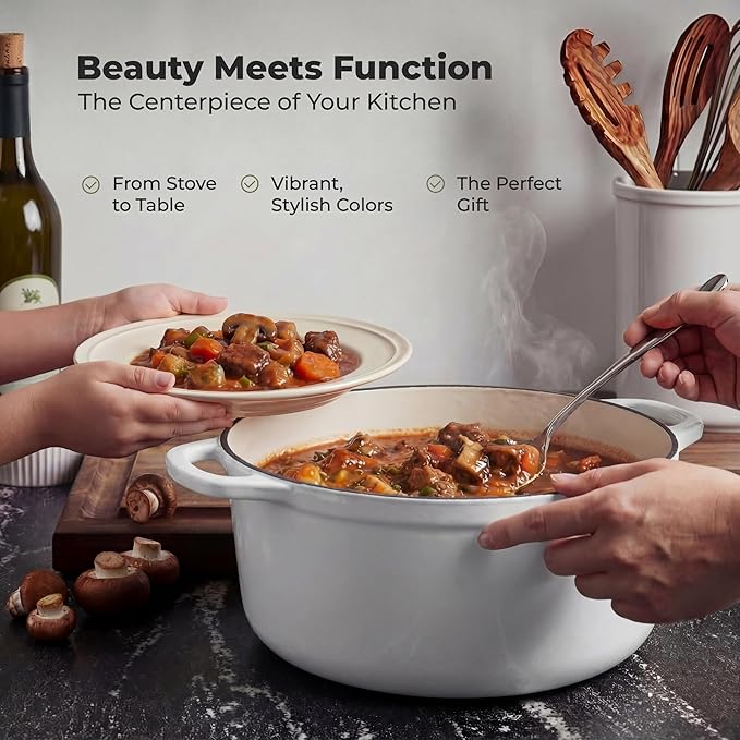 Zulay Kitchen 5 Quart Enameled Cast Iron Dutch Oven Pot with Lid – Premium Durability & Oven Safe up to 500°F – Heavy Duty Cookware Perfect for Bread Baking, Stews, Braising & Roasting – White