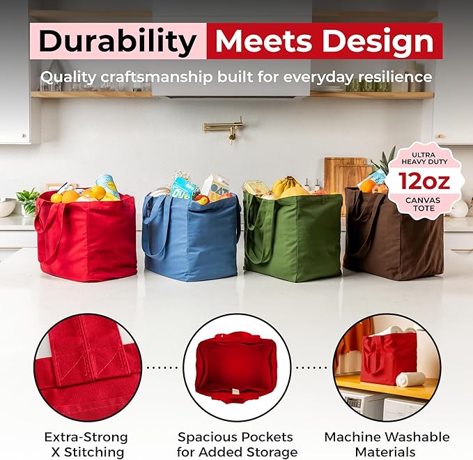 VeraMia Canvas Grocery Bag 3pc XL Set with Real Pockets, Long Shoulder Strap and Short Handle. Heavy Duty, Foldable, Washable