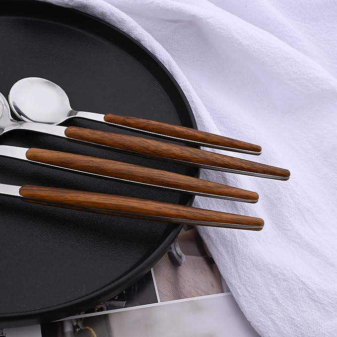 30-Piece Stainless Steel Silverware Set, Silver Mirror Polished Flatware Cutlery Set for 6, Tableware Eating Utensils Set for Home Restaurant Wedding, Dishwasher Safe (Wooden Effect Handle)