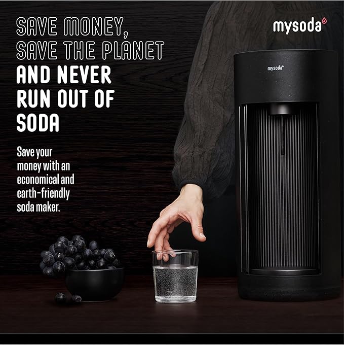 Mysoda Glassy Soda Maker + 1L Glass and 1L Plastic Bottle - Silent Carbonated Water Machine Soda Maker with Sliding Door Opening - No Cylinder Included - Black