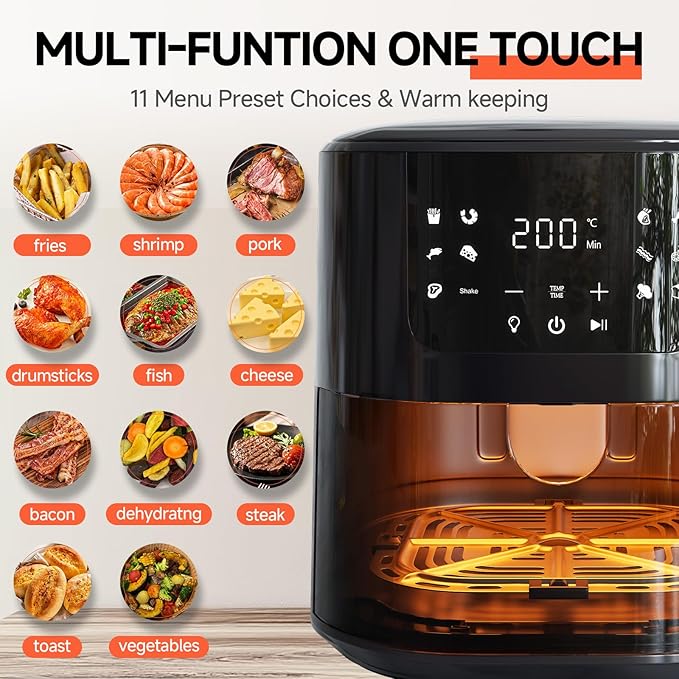 QIDO Air Fryer – 5.5 QT Compact Airfryer for Quick Meals in Minutes, 180°- 450°F Precision Heating, Easy-View Window, Touchscreen Controls with Auto Menus, Nonstick & Dishwasher Safe Basket - Black