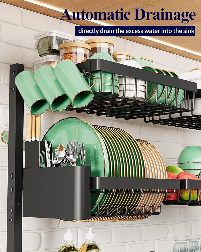 Kitsure Over The Sink Dish Drying Rack - 31.5" to 39.4" x 30.3", Adjustable Sink Drying Rack for Kitchen Sink with Multifunctional Baskets, Black