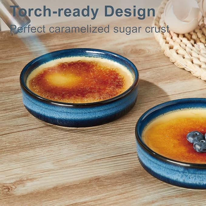 ONEMORE 4 oz Ramekins Oven Safe, Ceramic Ramekins for Creme Brulee, Custard, Pudding, Souffle, Blue Shallow Ramekin Dishes, Small Porcelain Ramekin Set of 6 for Baking & Serving