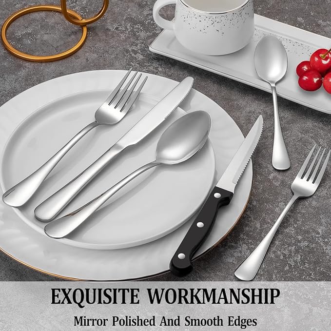 24 Pcs Silverware Set with Steak Knives Service for 4,Stainless Steel Flatware Set,Mirror Polished Cutlery Utensil Sets,Home Kitchen Eating Tableware,Include Fork Knife Spoon,Dishwasher Safe