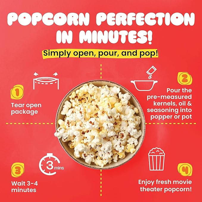 Handi-Pak Gourmet Popcorn Kit, 36 Pre-Portioned Packs for 6 oz Poppers, Movie Theater Style, Butter Coconut Oil, Popcorn Packet with Kernels & Seasoning