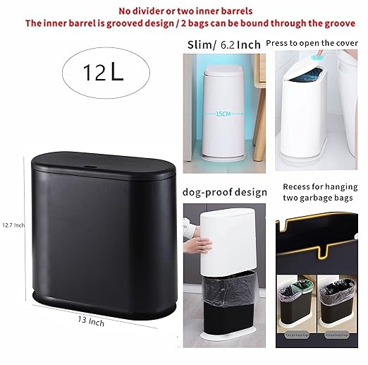 12L Black Slim Bathroom Trash Can with Press Top Lid,3.17 Gallon Pet/Dog Proof Kitchen Trash Can,Thin Garbage Can,Covered Wastebasket,Narrow Small Plastic Trashcan for Craft Room,Bedroom,Office,Dorm