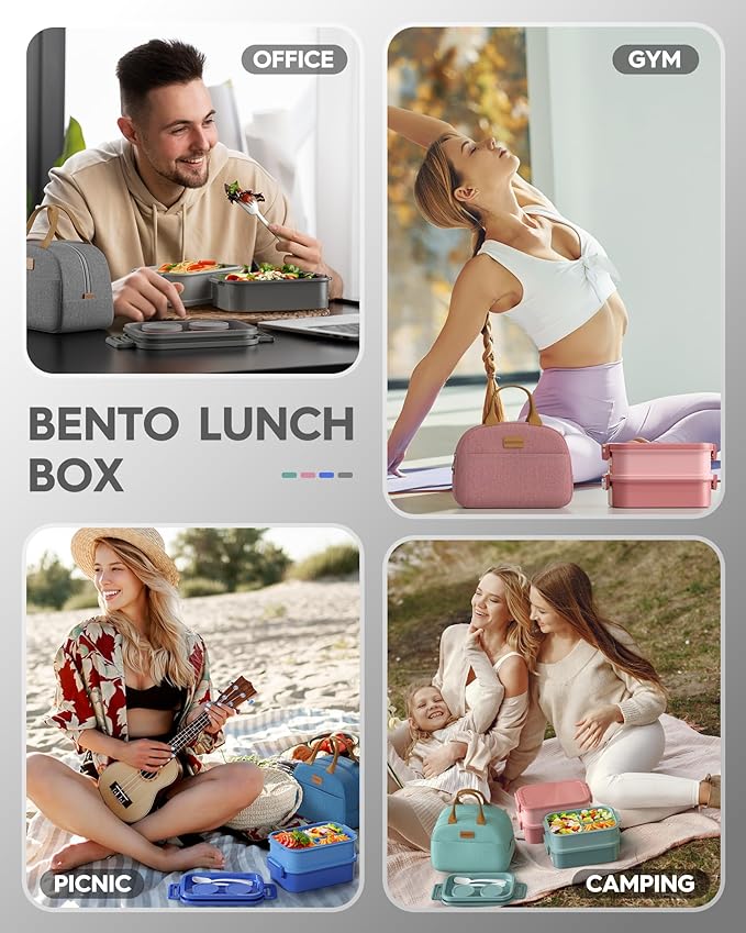 KEMETHY Adults Bento Lunch Box Set with Thermo Bag, 74oz Stackable Leak-proof 3-tiers Bento Box, Built-in Utensil and Sauce Container for Work, School, Dining Out (Gray)