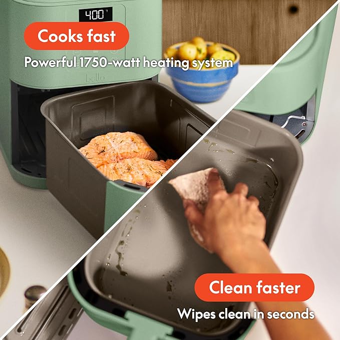 bella 6 Qt Slim Air Fryer, Fits-anywhere™ Kitchenware, EverGood™ Ceramic Nonstick Coating, Adjustable Temperature, 6 Preset Cooking Options, 60 Min Auto Shutoff w Audible Tone, 5lb Capacity, Seaglass