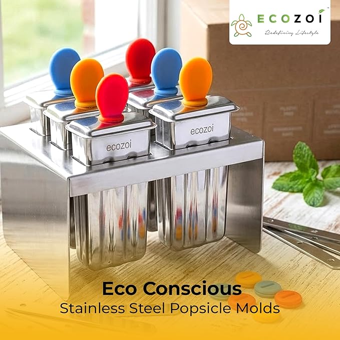 Ecozoi Stainless Steel Popsicle Molds, 6 Mini Popsicle Makers, 6 Reusable Stainless Steel Sticks, 12 Silicone Seals and 1 Rack, Eco Popsicle Molds for Kids and Adults, 2 oz Per Mold (Square)