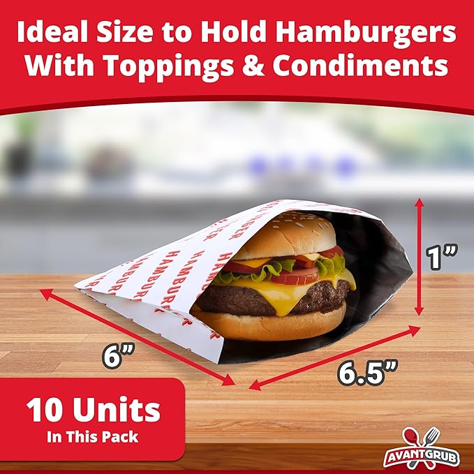Retro, Grease Proof Burger Wrappers 10Pk. Insulated, Pro Quality Bulk Hamburger Bags are BPA Free. Large, Allergen Friendly BBQ Foil Paper Great Cooking Supply for Themed Party