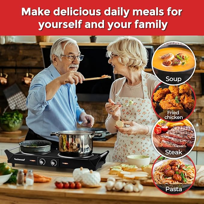 Hot Plate, Techwood 1800W Double Infrared Ceramic Electric Stove for Cooking, Dual Control Cooktop Burners, Portable Anti-scald Handles Suitable for RV/Home/Camp, Compatible for All Cookwares