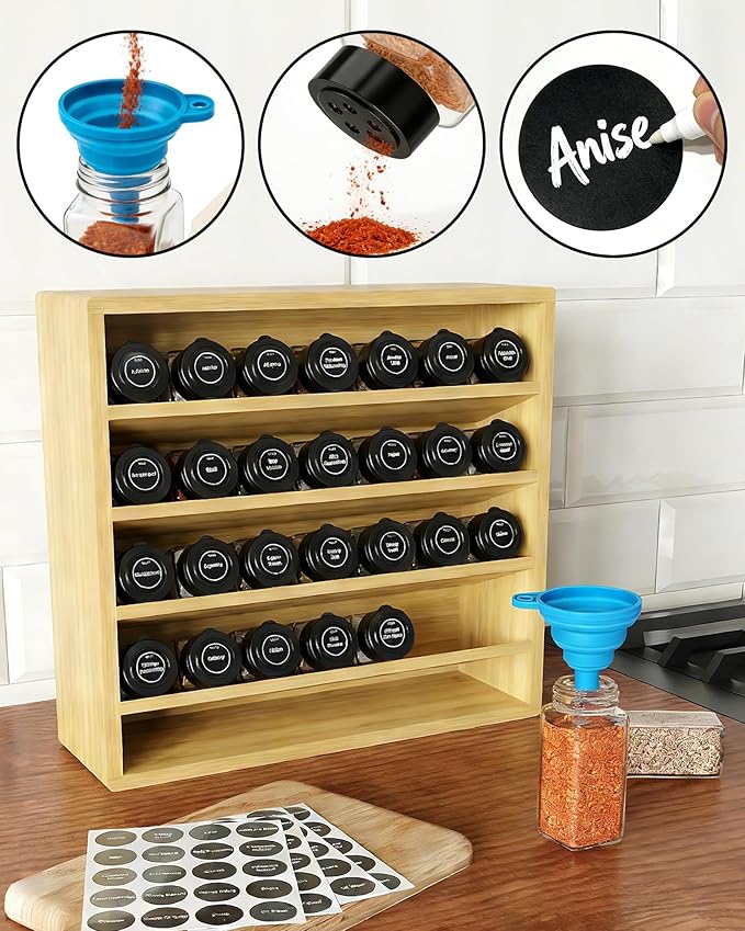 Orimade 4 Tier Spice Rack Organizer for Cabinet with 28 Plastic Spice Jars, Freestanding Bamboo Seasoning Rack for Countertop, Cupboard, Pantry, Kitchen, 13.18 x 4.13 x 12.2 inches