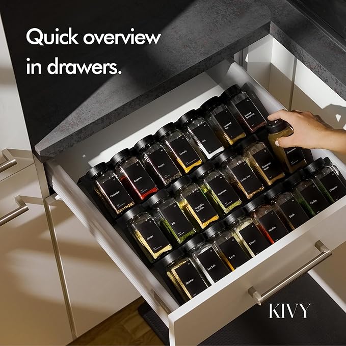 KIVY Drawer Spice Organizer + 24 Jars & 240 Labels - Seasoning Rack for Organization - Kitchen Drawer Insert for Spice Jars - Glass Seasoning Jars with Airtight Lids - Glass Spice Jars with Label