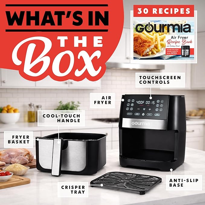 Gourmia 8 Qt Digital Air Fryer GAF826 – XL Capacity with 12 One-Touch Presets, Nonstick Dishwasher Safe Basket, Oil-Free Cooking, ETL-Certified, Sleek Black Finish