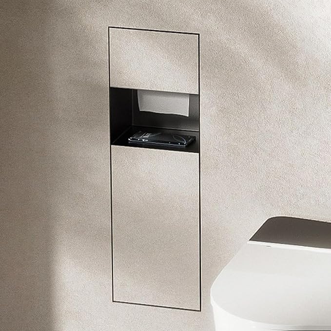 Recessed Bathroom Trash Can & Toilet Paper Holder Tile-Friendly Built-in Hidden Garbage Bin Stainless Steel Recessed Storage Cabinet Shower Nich for Toilet Bathroom Hotel,E