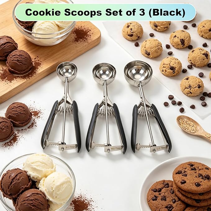 Cookie Scoop Set of 3,Black Cookie Scoops for Baking with Engraved Sizes,18/8 Stainless Steel Ice Cream Scoop with Non-Slip Soft Rubber Handles,Dough Scoopers for Cupcakes,Meatballs,Muffins