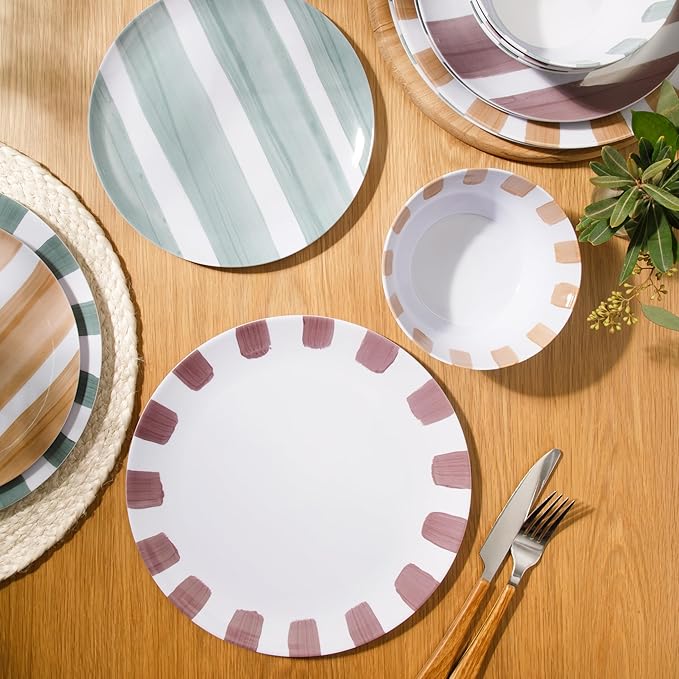 Gibson Home Cottage Stripes 12-Piece Melamine Plates and Bowls Dinnerware Set - Outdoor, Camping, & Everyday Use - Assorted Colors