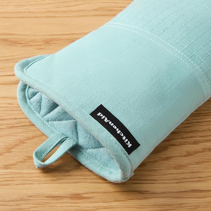 KITCHENAID Gourmet Series Gridlines Oven Mitts 2-Pack Set, Heat Resistant up to 600°F, Soft Silicone Grip, Magnetic Cuff, Mineral Water Aqua, 7"x14"