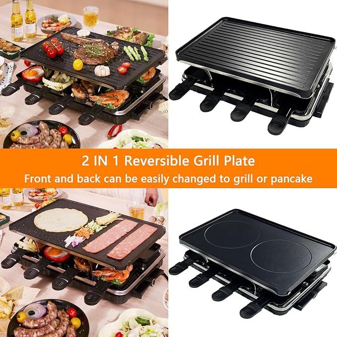 Indoor Grill Table Smokeless Portable Griddle Raclette Grill Nonstick with 8 Cheese Maker Pans Temperature Control & Dishwasher Safe 1300W Ideal for Parties and Family Fun