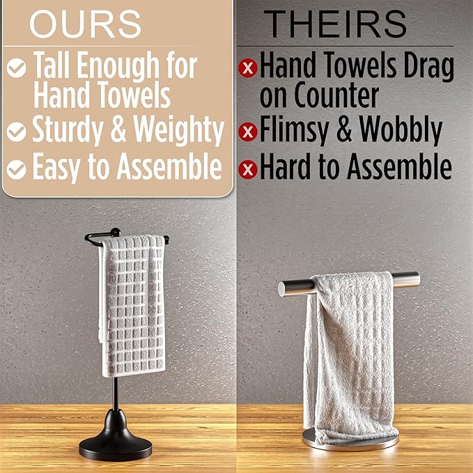Hand Towel Holder for Bathroom Countertop - 17 Inch Tall Black Free-Standing Hand Towel Stand for Bathroom Counter - Non-Slip Base for Sink Top - Holds Full Size Handtowels, Fingertip, Washcloth
