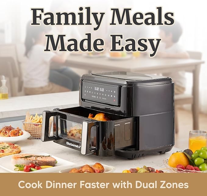 Elite Gourmet Dual Zone Air Fryer Oven 11QT, Dual Basket Air Fryer with Divider, Sync Finish & Sync Cook, PFAS Free Nonstick, 10 Presets, Air Fry Bake Roast Broil Toast Dehydrate, 1600W Black