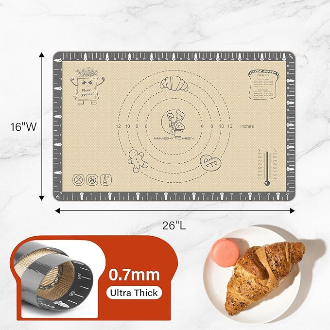 Silicone Mat for Baking Macaron, Bread, Pizza, Extra Thick Silicone Baking Mat with Measurement, Non Stick Pastry Mat for Dough Rolling Out, Heat Resistant to 480°F for Baker