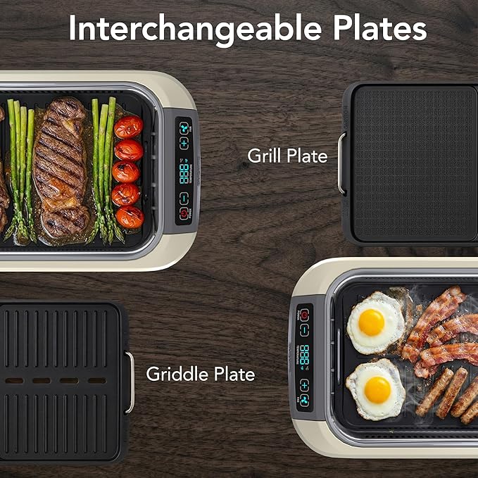 OVENTE Smokeless Indoor Grill, 1500W Electric Portable Korean BBQ Grill with One-Touch Control, LED Smart Display, Tempered Glass Lid, Two Removable Non-Stick and Dishwasher Safe Plates, White SGR85W