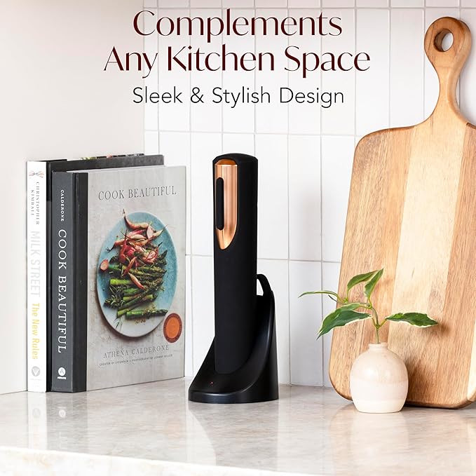 Rechargeable Electric Wine Bottle Opener - Charging Base and Foil Cutter Included with Automatic Wine Opener - Electric Corkscrew for Easy Cork Removal - Best Gift for Wine Lover (Black & Rose Gold)