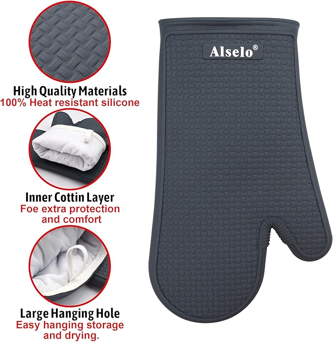 Alselo Oven Mitts Heat Resistant Silicone Kitchen Gloves for 550 Degrees with Waterproof and Non-Silp, Set of 2 Oven Gloves for Baking Cooking Barbecue Microwave Machine Washable (Grey, 2)
