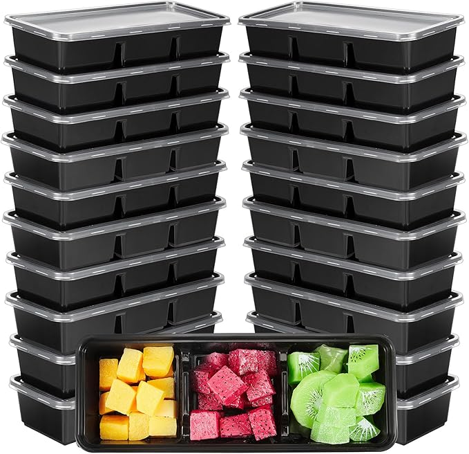 Hushee 5 Pack 17 oz Small Meal Prep Containers with 3 Compartments Snack Containers with Lid Disposable Plastic Bento Box Travel Lunch Food Boxes Stackable for Office Picnic (Black)