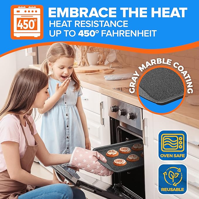 Emporio Kitchen Stackable Baking Pan Set - Deluxe Nonstick Gray Marble Coating, Carbon Steel Bakeware Sets, PFOA, PFOS, PTFE Free, Recipe Booklet Included, Oven Safe (Up to 450°F), Set of 7