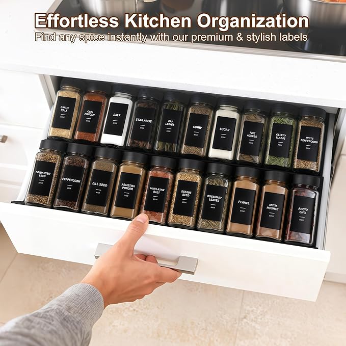 48Pcs Spice Jars Containers with Labels，4oz Black Seasoning Bottles with Shaker Lids for Rack, Cabinet, Drawer,Empty Square Condiment Pots (48, Black)