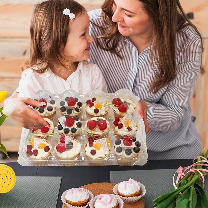 WIKDAY 12 Count x 25 Sets Plastic Cupcake Containers, Durable and BPA-Free Cupcake Holder with Lid for Easy Transport Storage, Stackable Clear Cupcake Carriers, Reusable Dessert Boxes