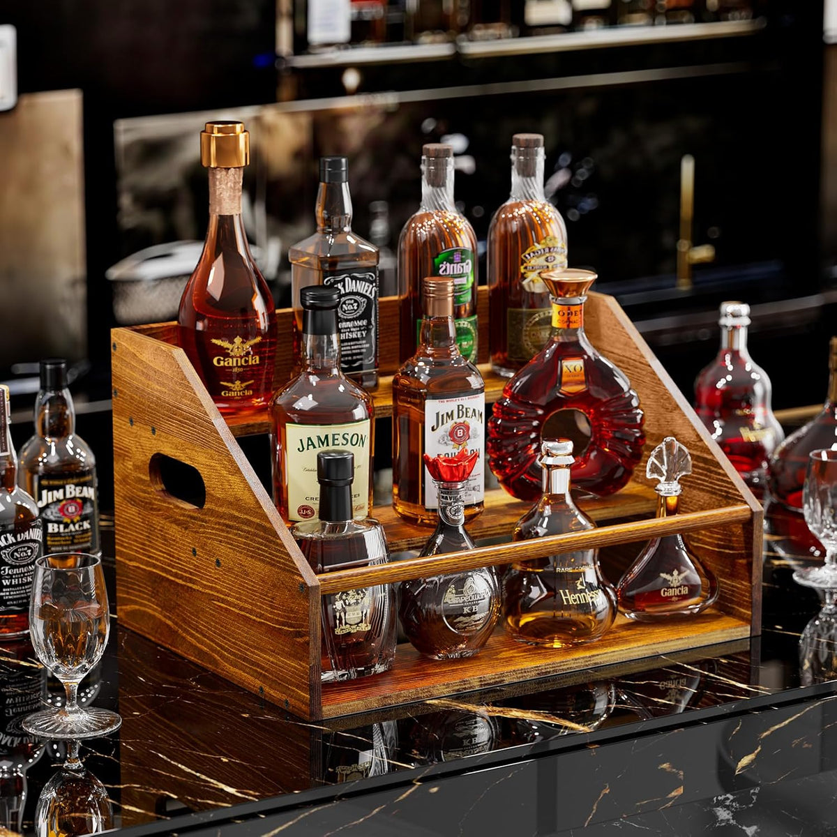 3 Tier Wood Liquor Bottle Display Shelf, Coffee Syrup Organizer Rack, Wine Racks Countertop, Bar Shelf for Vodka Tequila Whiskey, Liquor Cabinet for Home Decor, Mini Bar, Black Bar Organizer