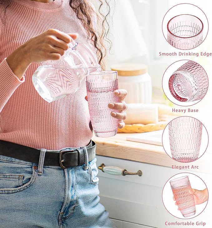 CREATIVELAND Highball Beverage Glasses Set of 6 Romantic PINK Colored Thick & Heavy Base Big Capacity 14.87oz|440ml, Drinking Glass Tumblers for Iced Tea, Water, Soda & Juice and Cocktails etc