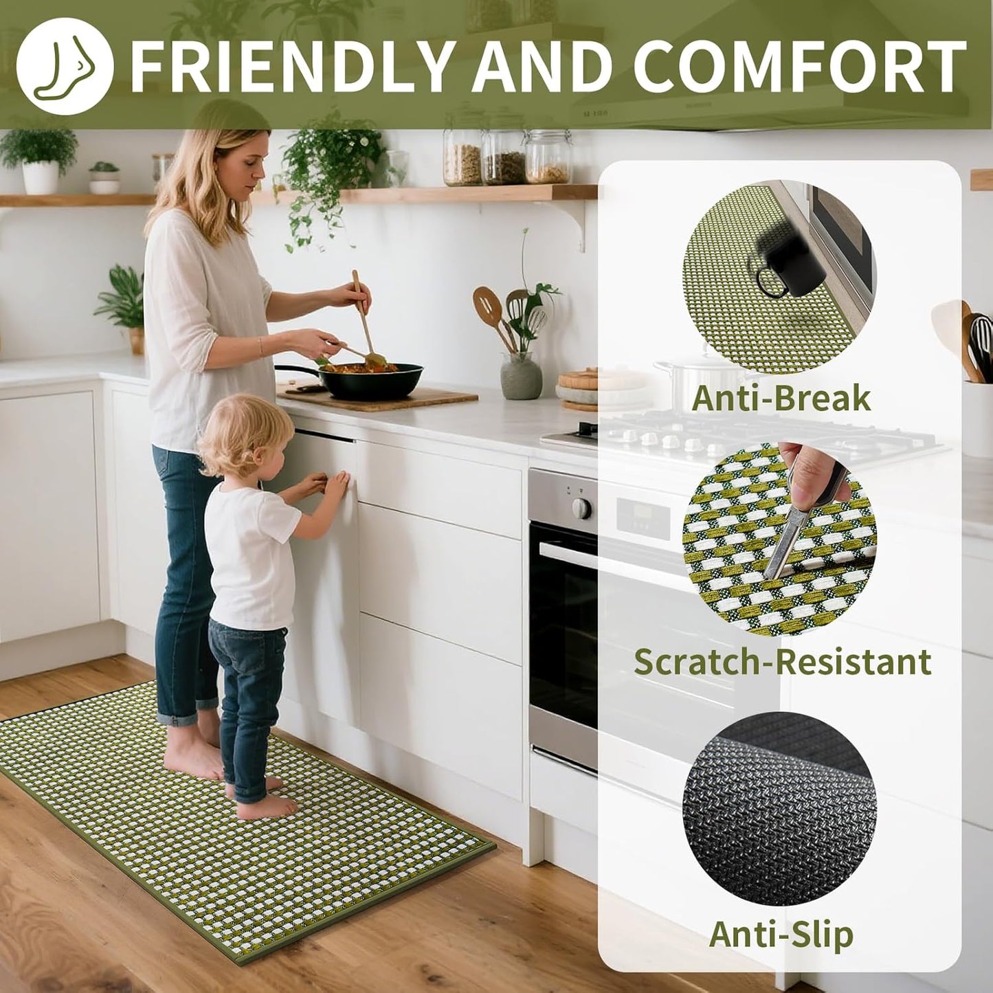 Kitchen Runner Rugs Non Slip Washable, Super Absorbent Soft Chenille Braided Kitchen Mats for Floor Rubber Backing Sink Mat Standing Hallway Floor Mat, Easy Clean, Green 17"x59"