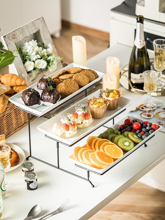YHOSSEUN 3 Tier Serving Stand Tiered Tray Stand with 3 Porcelain Serving Platters Trays for Dessert Server Display Collapsible Sturdier Metal Rack 14 inch
