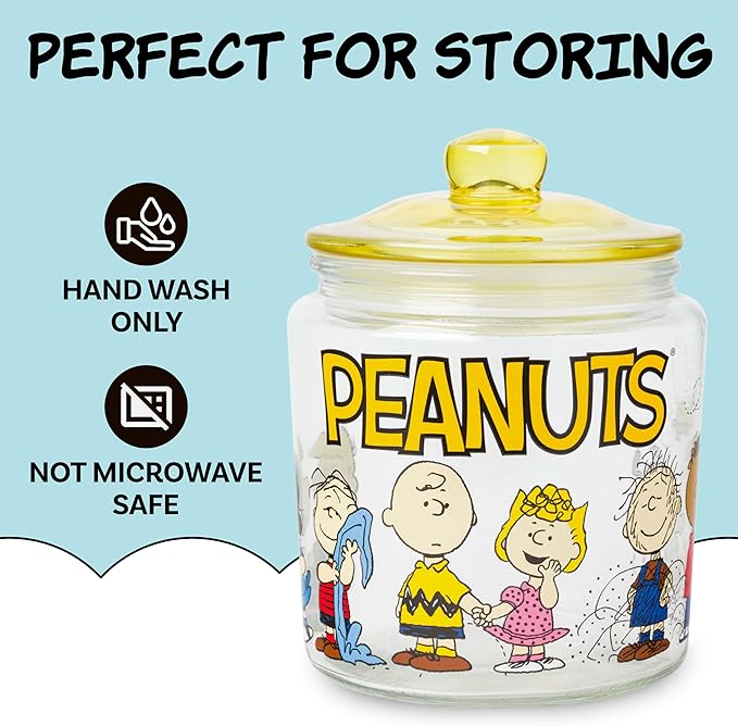Silver Buffalo Peanuts Squad Featuring Charlie Brown, Snoopy, Schroeder, Lucy, Linus, Sally, Pigpen, Woodstock, and Franklin Glass Cookie Snack Candy Jar with Lid (Small)