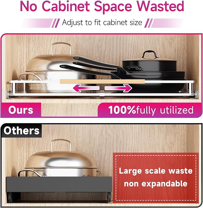 Pull Out Cabinet Organizer, Expandable(14.9"~25.9") Cabinet Drawers Slide Out, Adjustable Width Roll 0ut Shelf Cabinet Organizer for Kitchen Base Cabinet Organization (Large, 1Pack)