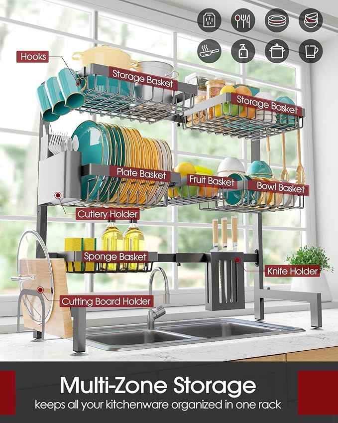 Over The Sink Dish Drying Rack - Adjustable 3 Tier XX-Large Capacity Stainless Steel Drainer with Cutlery & Utensil Holders, Kitchen Storage & Organization, 31.5"-39.5"L x 12"W x 30.5"H, Gray