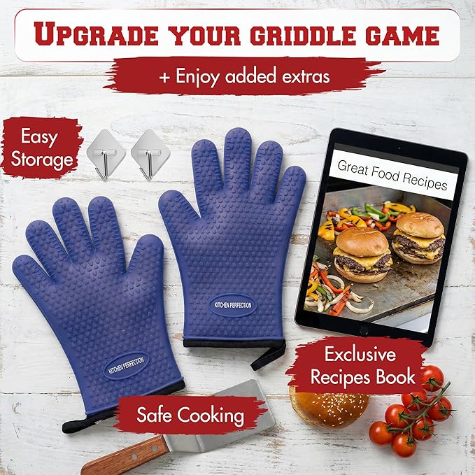 KITCHEN PERFECTION XL Silicone Oven & Griddle Gloves -Extreme Heat Resistant BBQ & Grilling Gloves -Handle Hot Food Right on Your Griddle |Waterproof Oven Mitts Grill Gloves |Superior Set+3 Bonuses