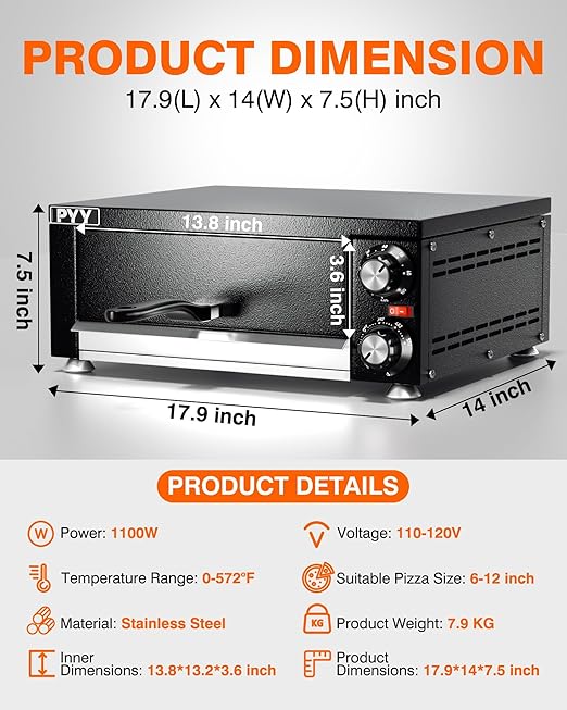 PYY Electric Pizza Oven Indoor Countertop Pizza Oven Commercial Pizza Maker Machine for Home with Timer Stainless Steel Pizza Cooker,Dark Black