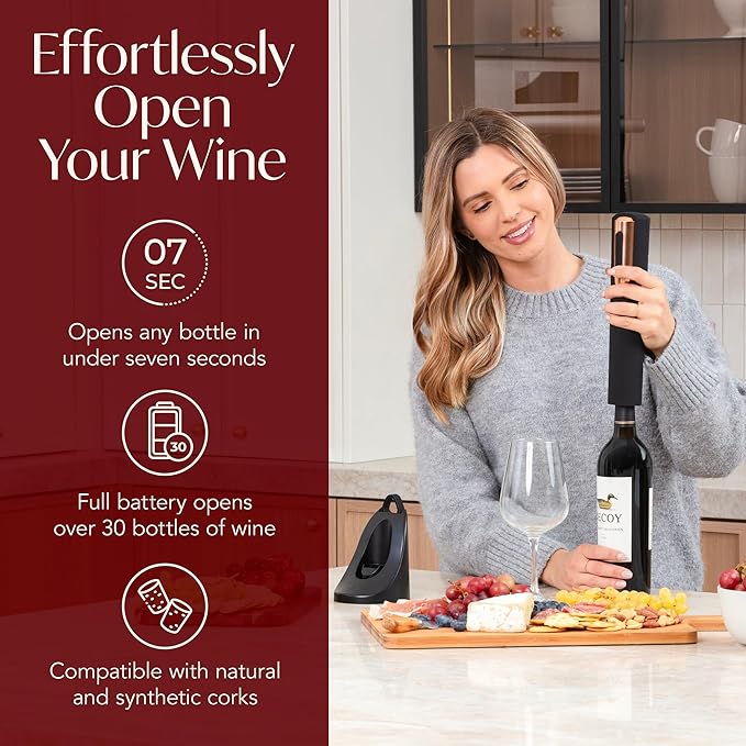 Rechargeable Electric Wine Opener and Electric Wine Preserver with Stoppers Gift Bundle Set (Black & Rose Gold)
