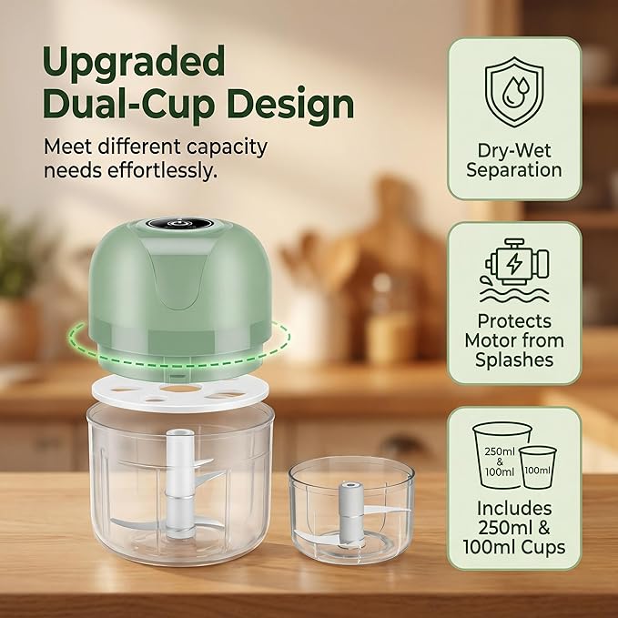 New Upgraded Dual-Cup Electric Garlic Chopper,Electric Mini Garlic Chopper, Portable Wireless Food Processor for Vegetables, Onion, Ginger, Chili, Meat – Rechargeable, Splash-Proof, Light Green