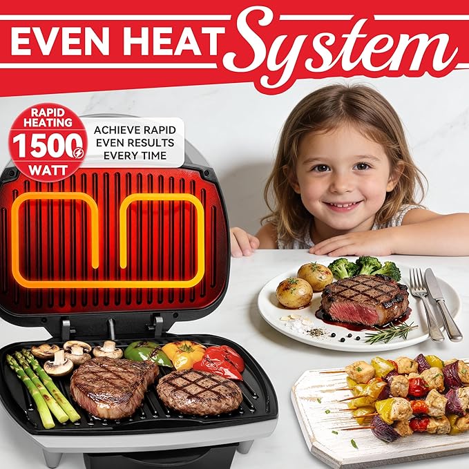 SugarWhisk Family-sized Contact Grill, 6-Serving Electric Indoor Grill with Adjustable Temp Control, Ceramic Coating, 1500W, Silver