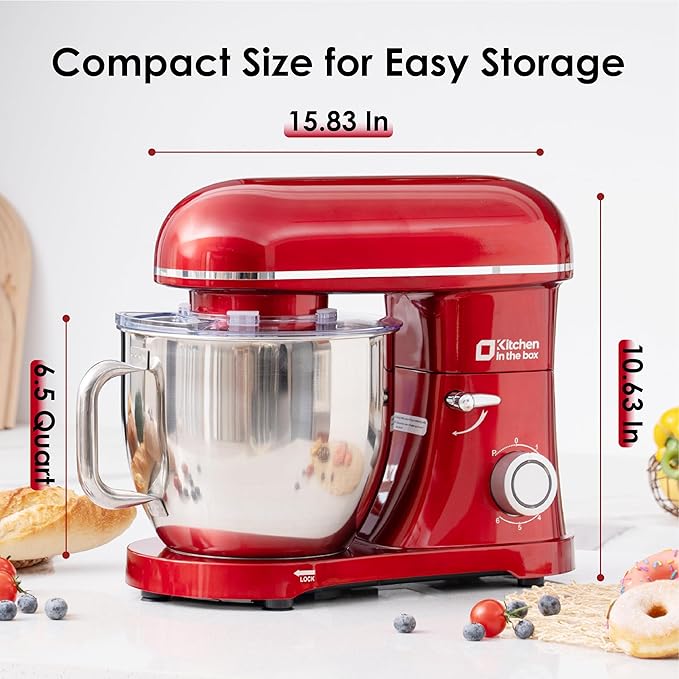 Kitchen in the box Stand Mixer - 6.5 Quart Mixing Bowl with Handle, 900 Watt Heavy Bread Dough Standing Mixers Tilt-head with Dough Hook, Whisk, Flat Beater and Splash Guard (Red)