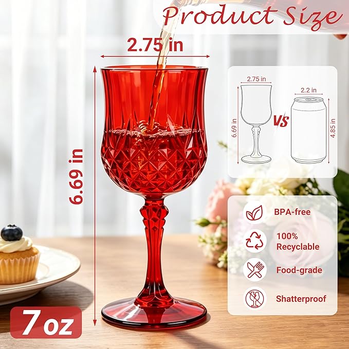 Plastic Wine Glasses, Plastic Goblets Vintage Style Cordial Unbreakable Drinking Glasses, Reusable Drinkware for Wedding Reception, Grand Event Party Supplies,Mother's Day(24, Red)