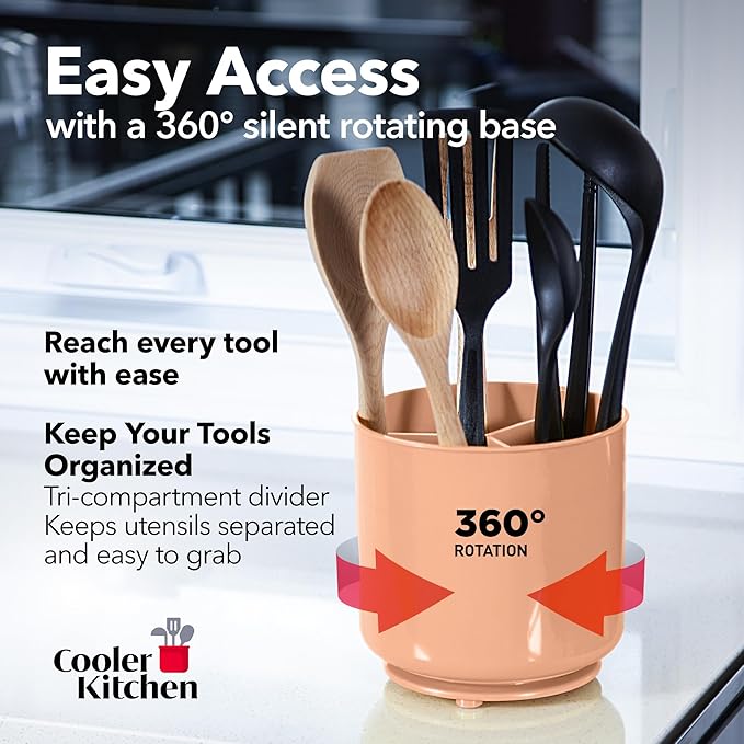 Cooler Kitchen Jumbo Rotating XL Peach Plastic Utensil Holder Caddy with Sturdy No-Tip Weighted Base, Removable Divider, and Gripped Insert - Dishwasher Safe Kitchen Utensil Holder for Countertop