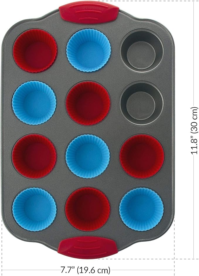 Premium Non-Stick Baking Set: Banana Bread Loaf Pan, 12 Cup Mini Muffin Pan with Silicone Liners, and Jumbo 6 Cup Muffin Pan - Professional Bakeware with Comfortable Silicone Handles